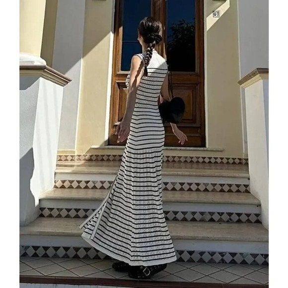 Sandro Molina White Striped Sleeveless Buttoned V Neck Knit Midi Dress Sz 36 - Picture 4 of 16